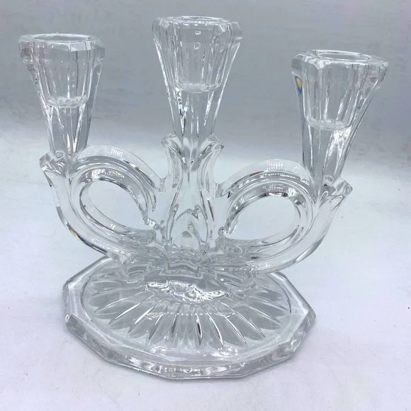 Vintage Bayer Lead Crystal Clear Triple Candle Stick Holder Elegant Design - Picture 2 of 6